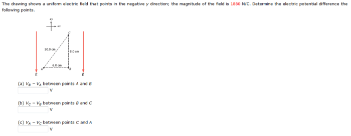 The drawing shows a uniform electric field that points